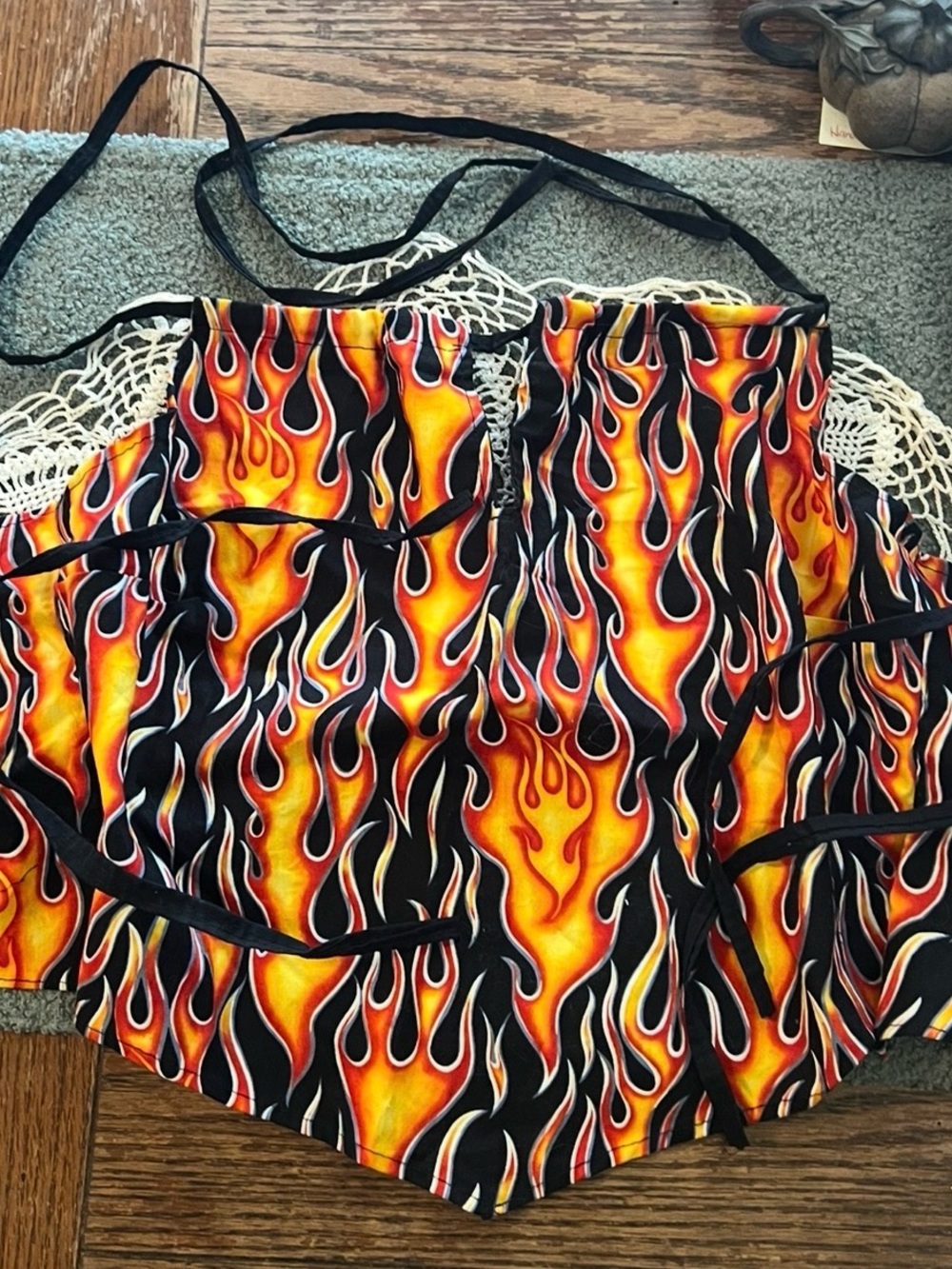 Old School Flame Print Lace-Up Halter Top - Black/Orange one size